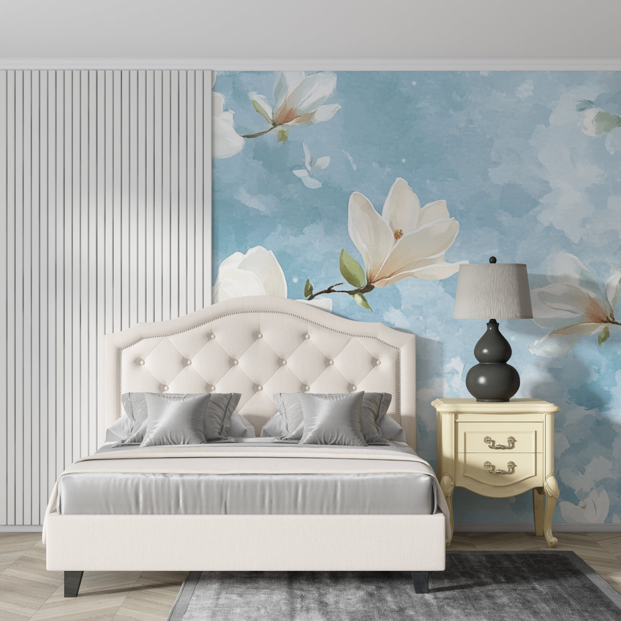 Watercolor Magnolia Wallpaper creating a serene atmosphere in a modern living room