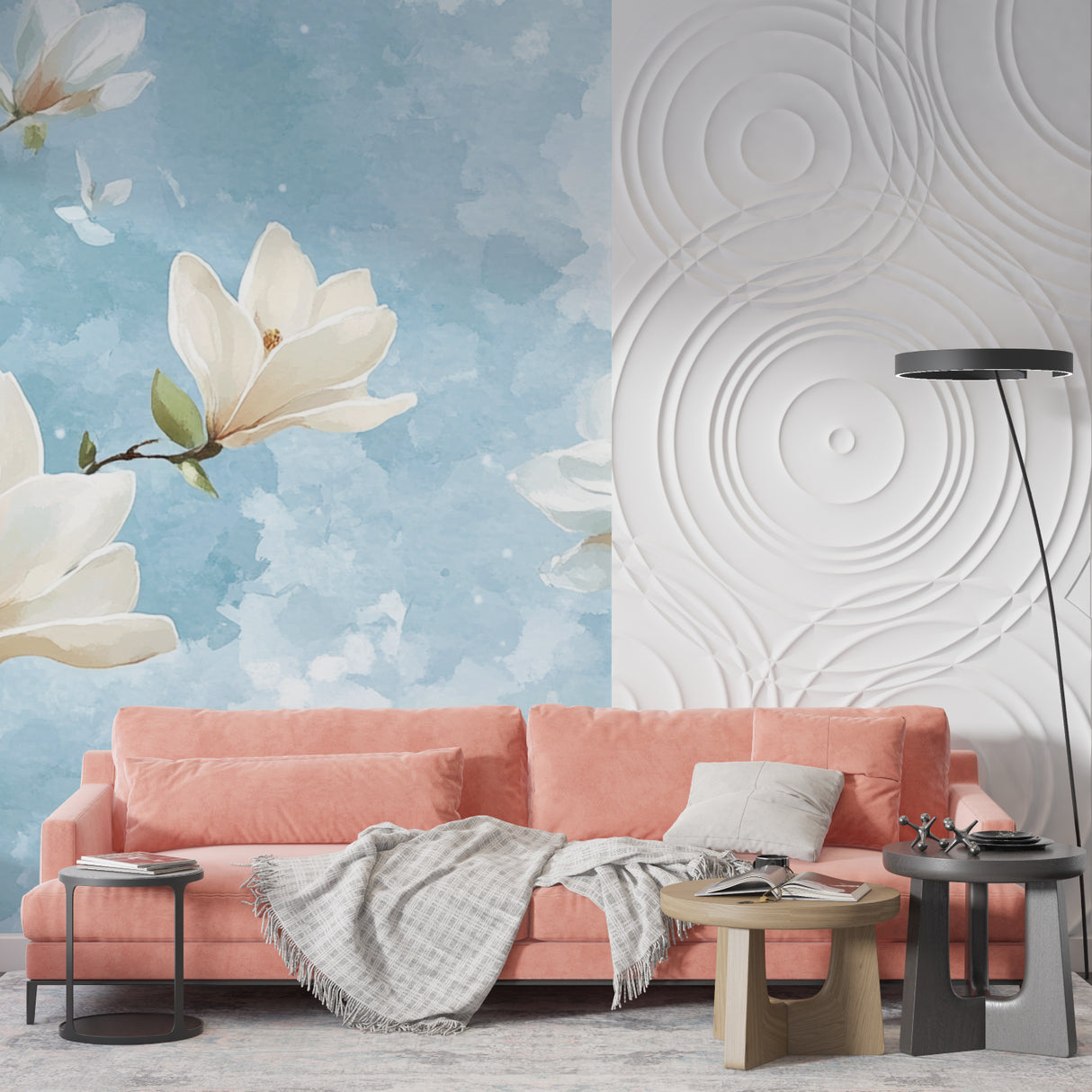 Magnolia Blossom Mural Wallpaper brightening a cozy bedroom space