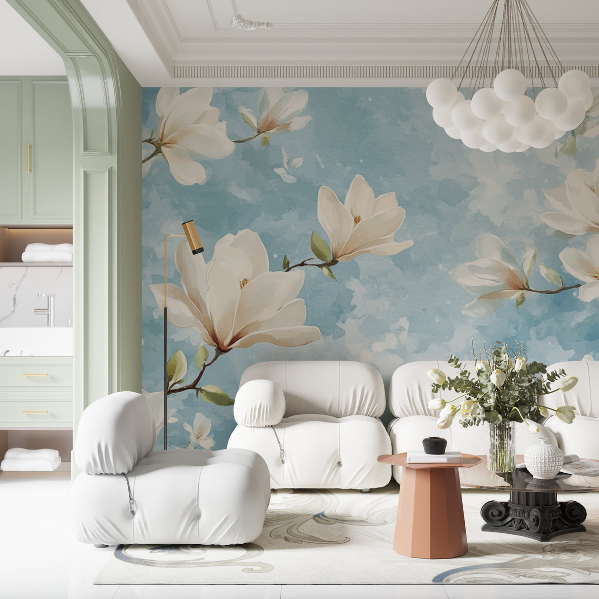 Floral Wall Mural featuring magnolias in an elegant dining room setting
