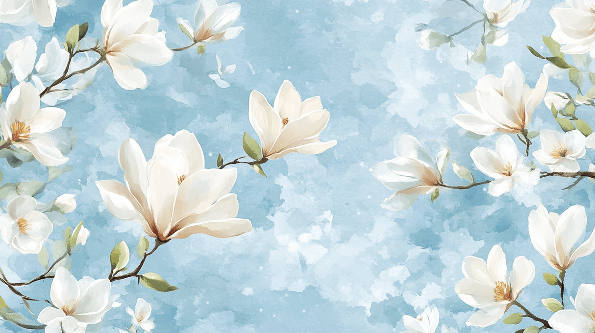 Watercolor Magnolia design file showing delicate blooms on sky blue background