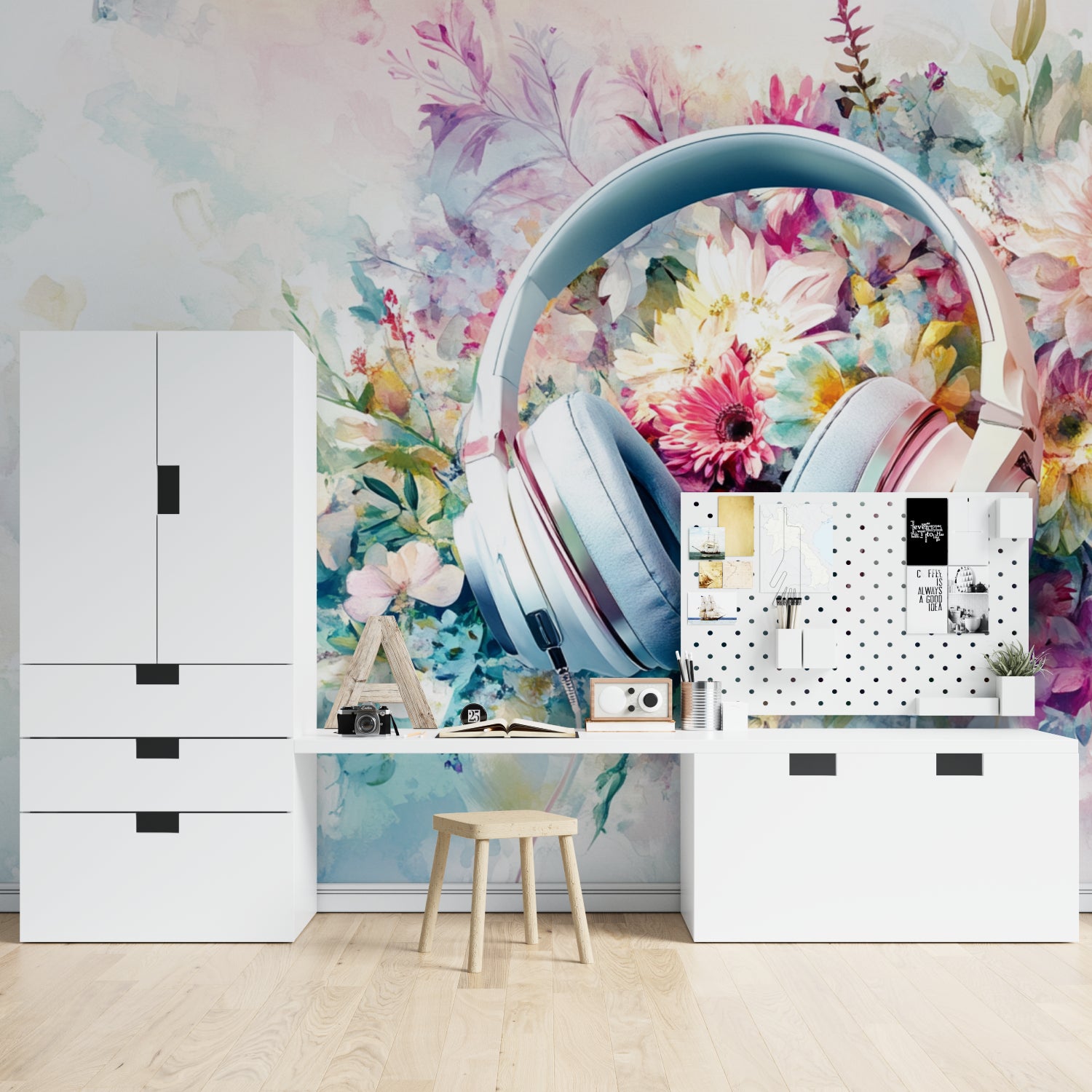 Music room featuring watercolor floral wallpaper with headphone design and instrument display