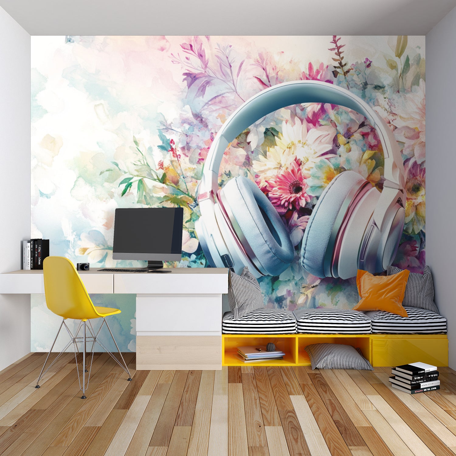 Creative studio space with musical floral wallpaper creating an artistic atmosphere