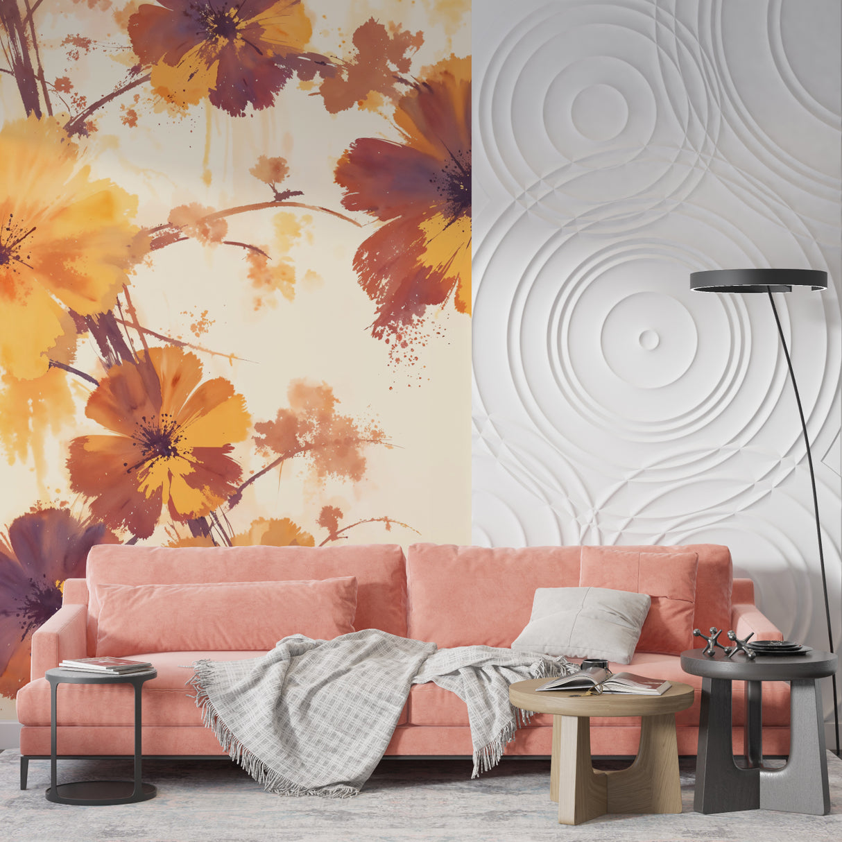 Orange watercolor flower mural adding charm to a bright dining room setting
