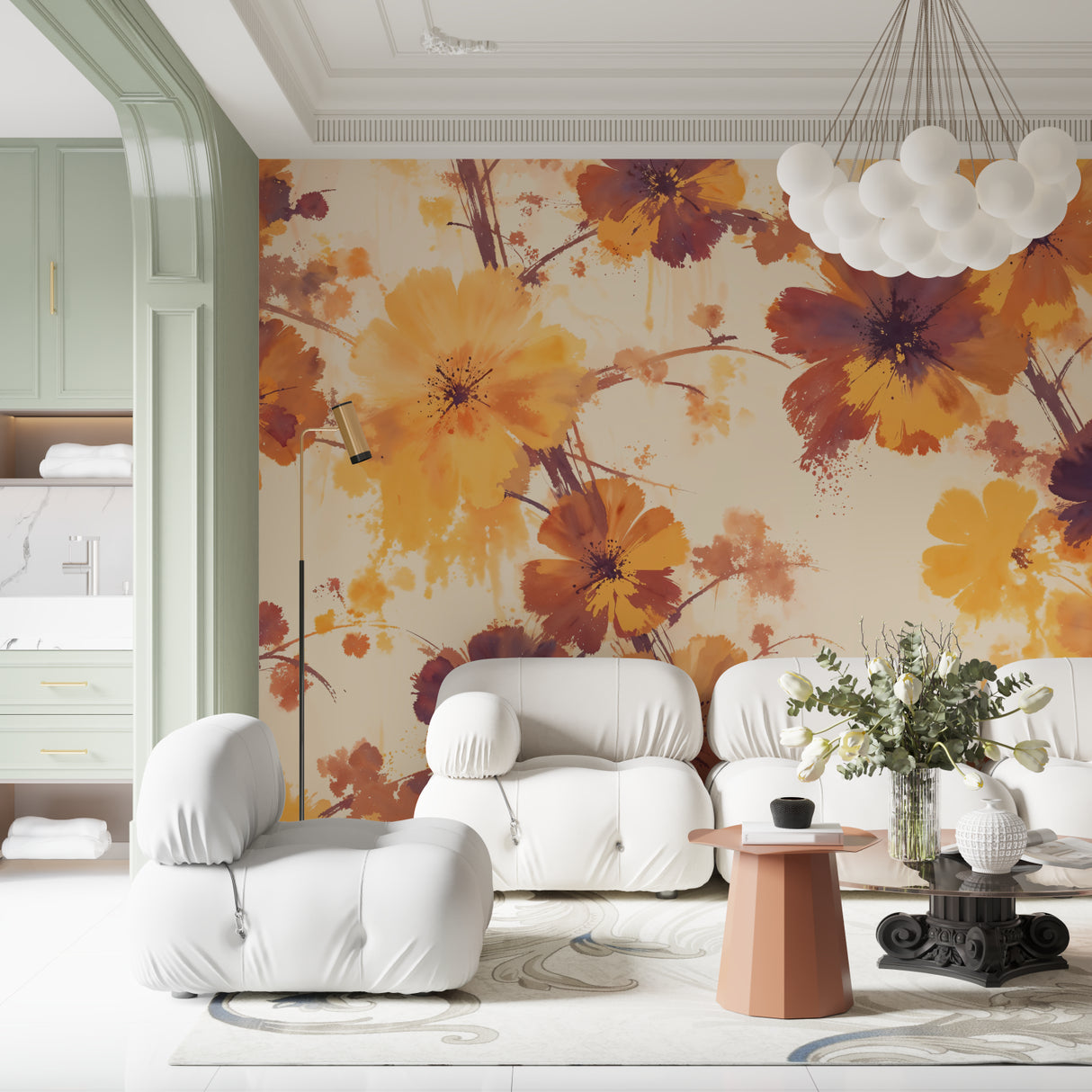 Orange watercolor blooms wallpaper featured in an elegant home office