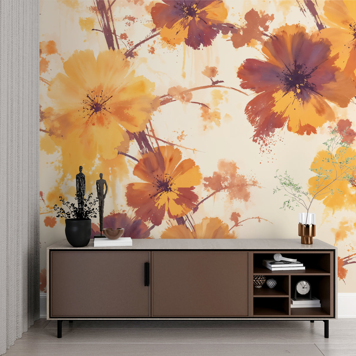 Watercolor flower wallpaper bringing warmth to an entrance hallway