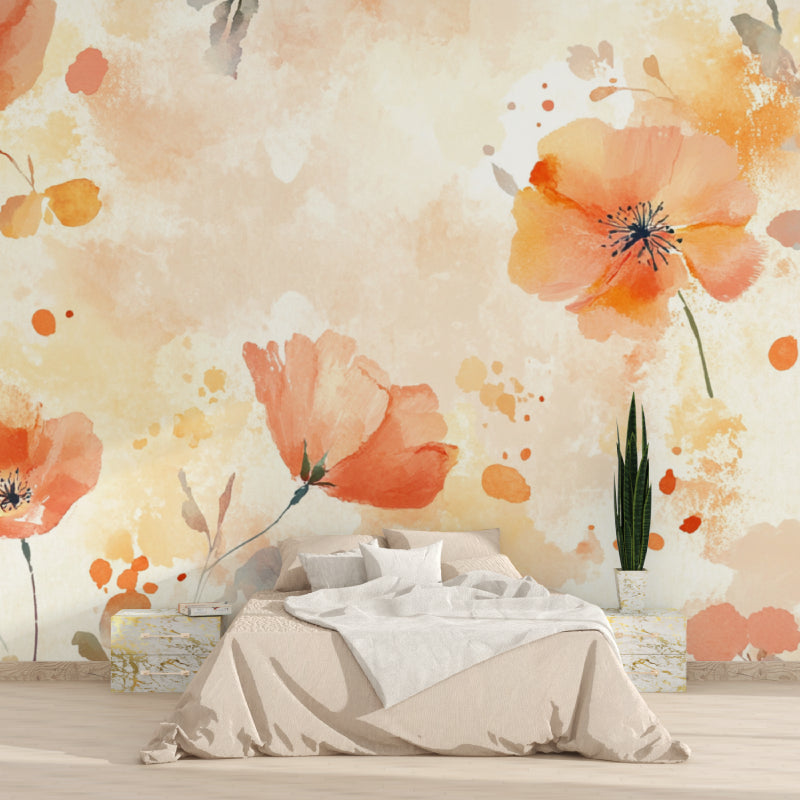 Watercolor Poppy Wallpaper creating a stunning accent wall in a bright living room