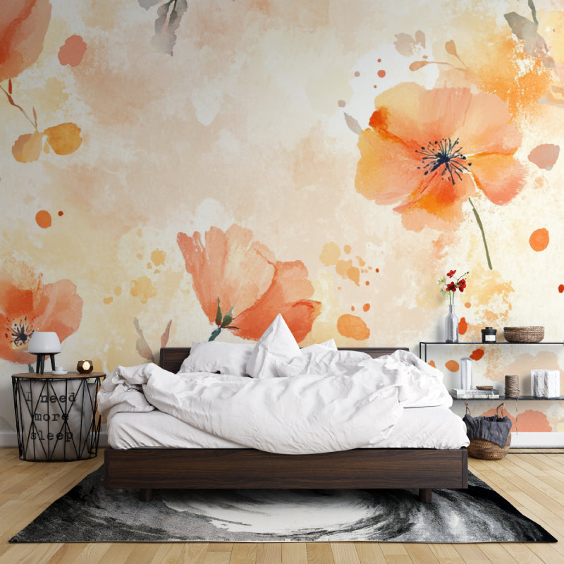 Orange Poppy Wall Mural adding charm to a modern dining room setting