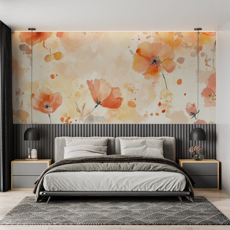 Watercolor Floral Mural transforming a cozy bedroom wall
