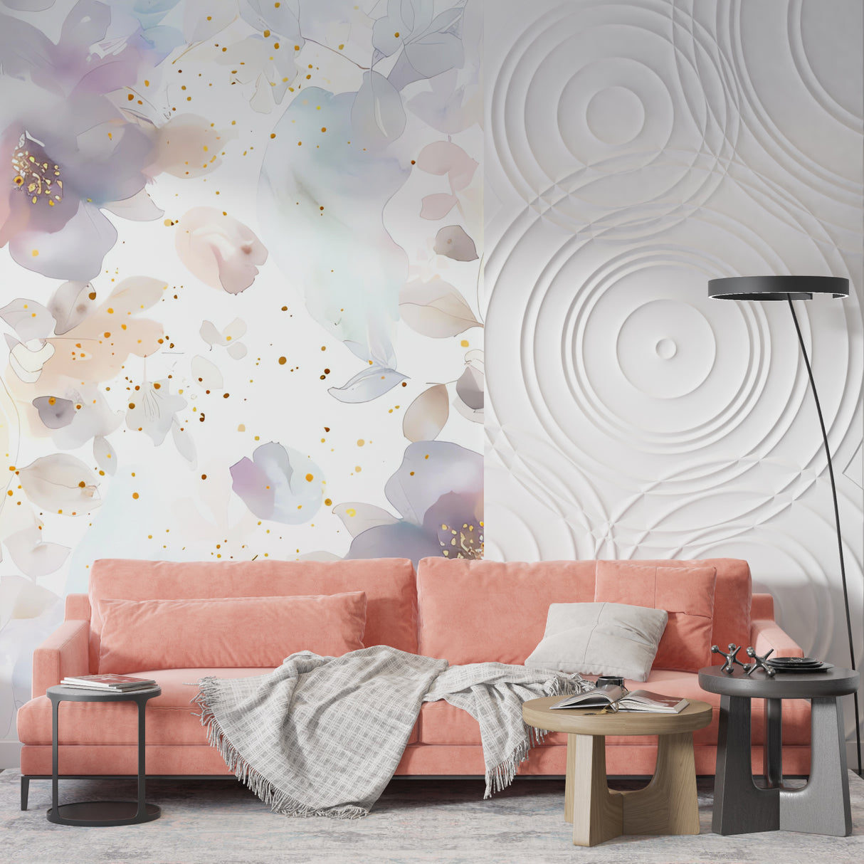 Watercolor floral wallpaper with gold accents in a bright modern living room creating a fresh spring atmosphere