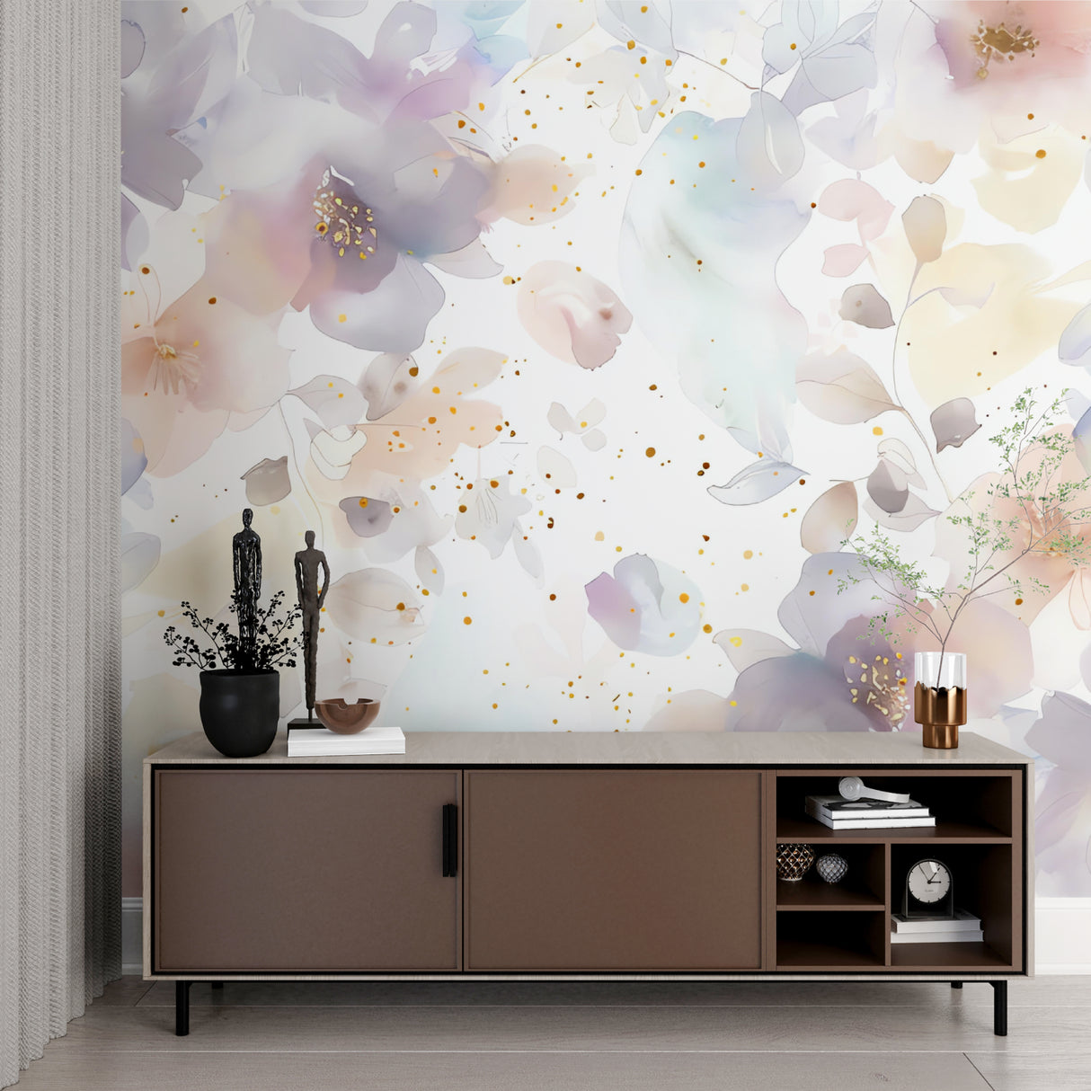 Pastel flower wall mural featuring delicate blooms in a cozy bedroom setting
