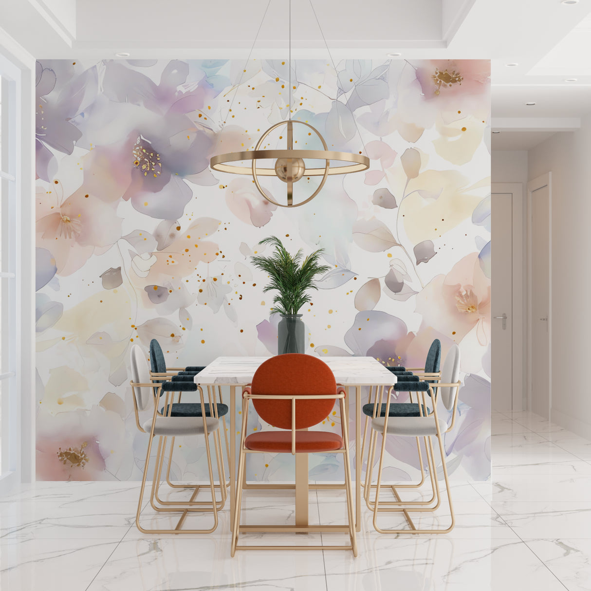 Floral wallpaper with gold details brightening up a home office space