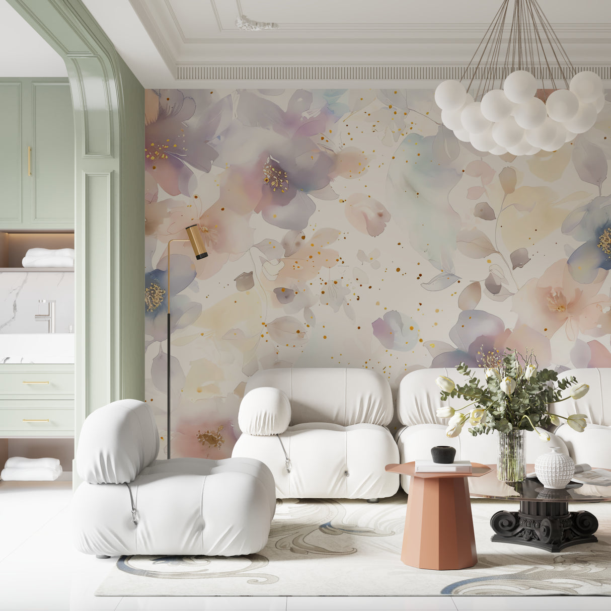 Watercolor blossom mural creating an elegant backdrop in a dining room