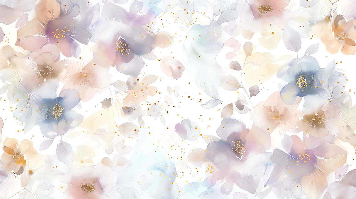 Watercolor floral pattern design file showing detailed pastel blooms and golden accents