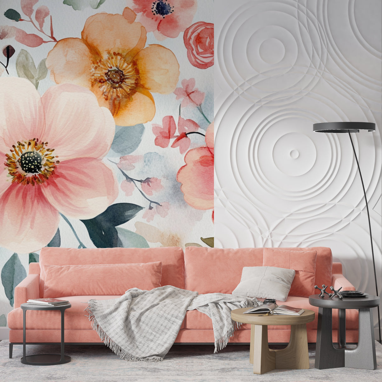 Watercolor Floral Wallpaper in bright modern living room showing peach and pink blooms against white walls