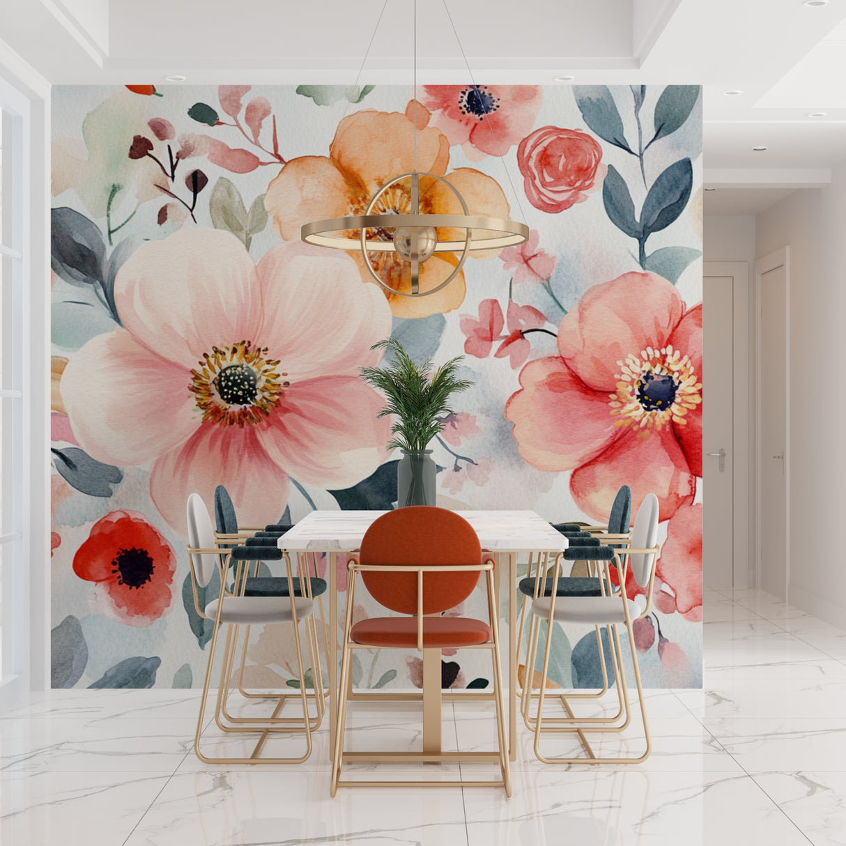 Peach and pink floral wall mural creating soft atmosphere in master bedroom setting