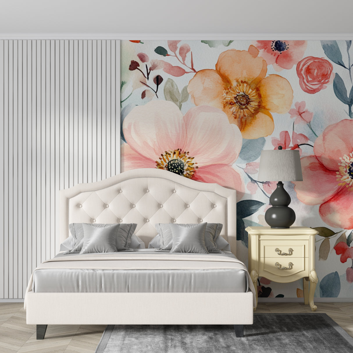 Botanical wallpaper with watercolor flowers brightening a home office space