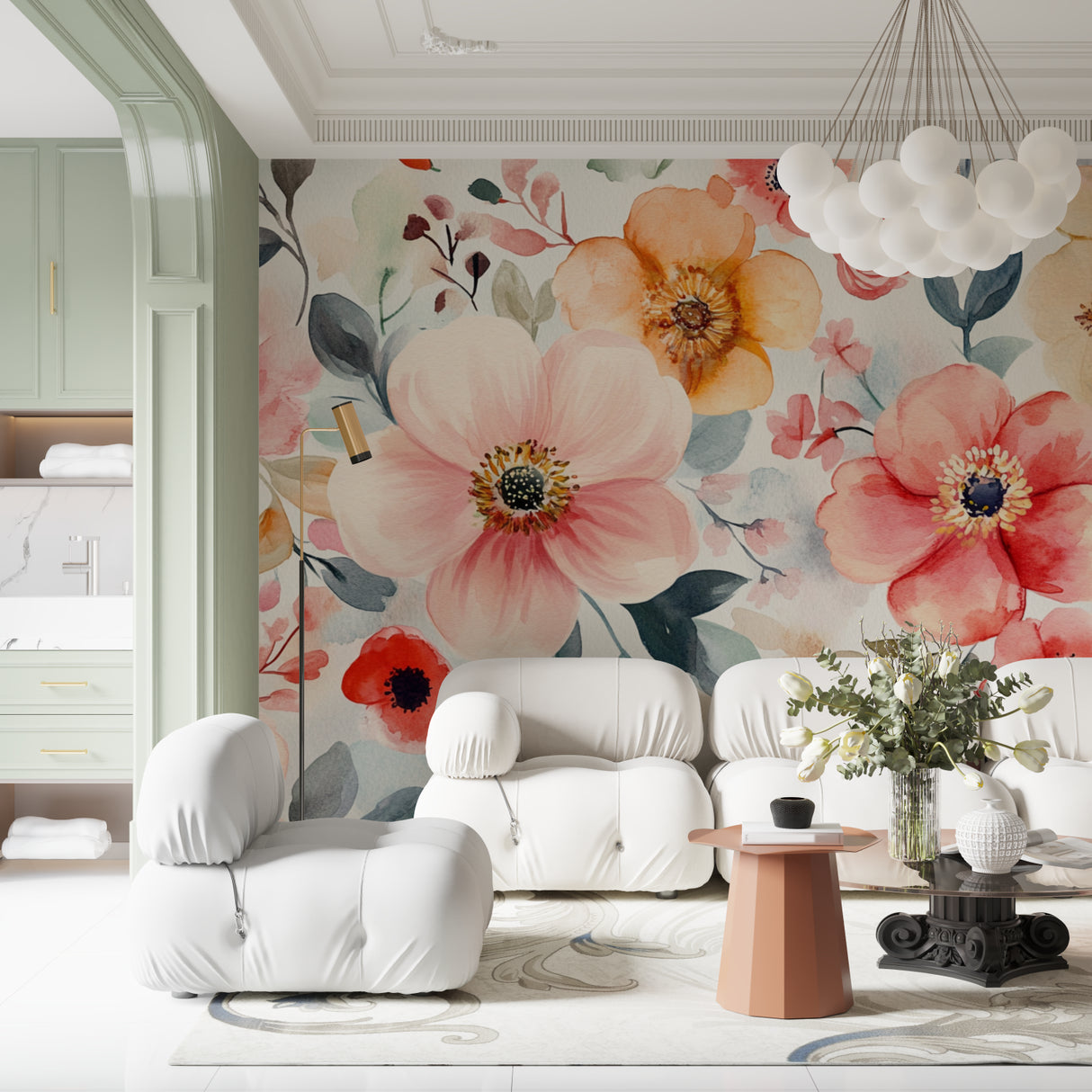 Floral mural wallpaper bringing garden freshness to dining room walls