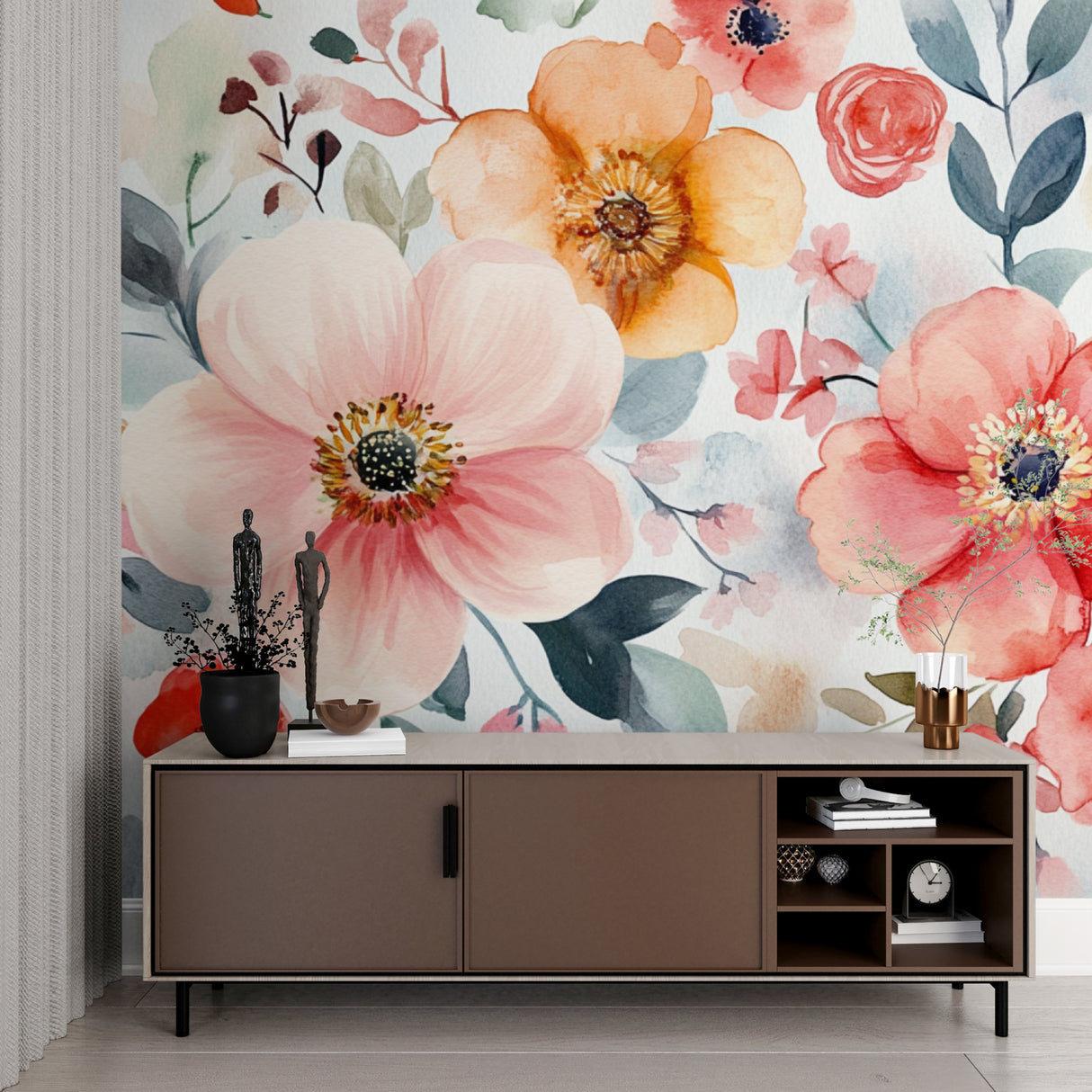 Pink and peach flower wallpaper creating calm atmosphere in nursery setting