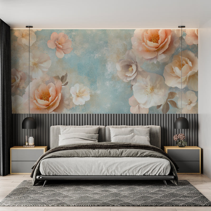 Watercolor floral wallpaper with peach roses creating a peaceful atmosphere in a bright master bedroom