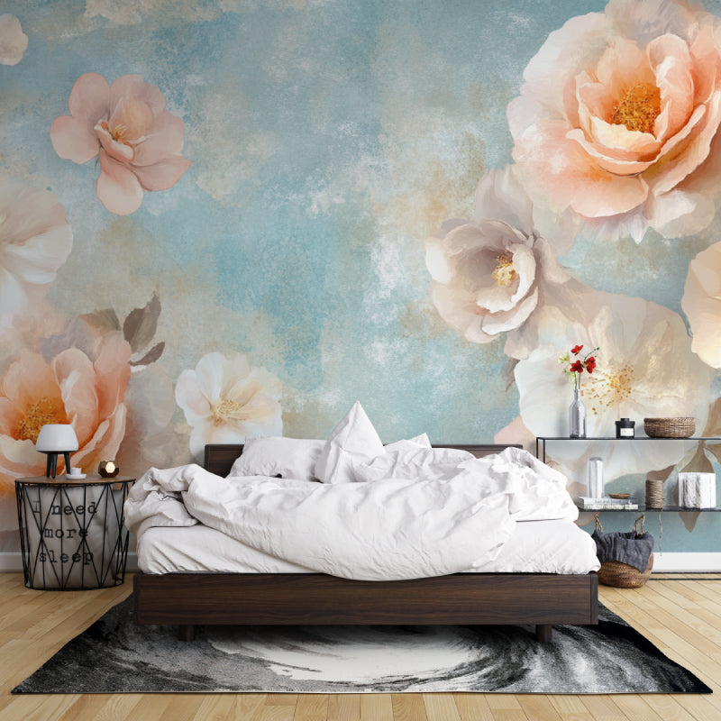 Peach rose wallpaper adding soft elegance to a modern living room setting