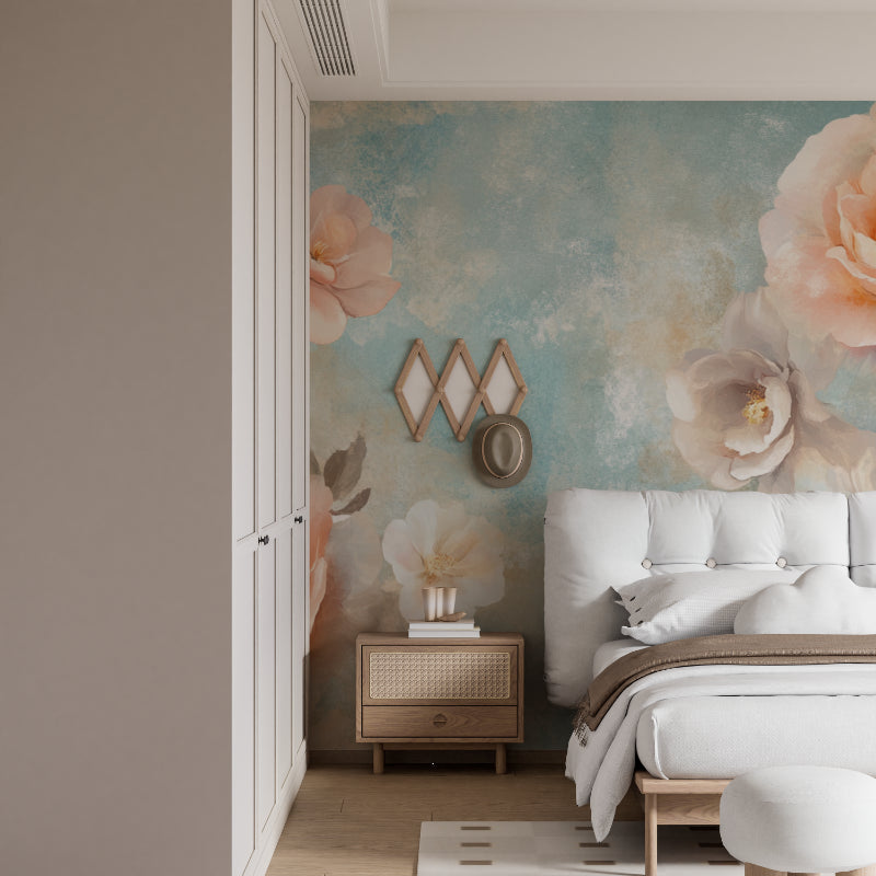 Floral wall mural showcasing watercolor roses in a cozy dining room