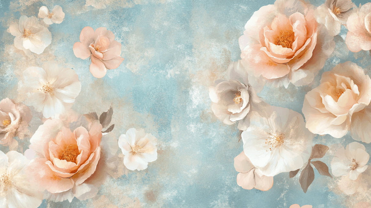 Design file showing detailed watercolor roses pattern with blue sky background