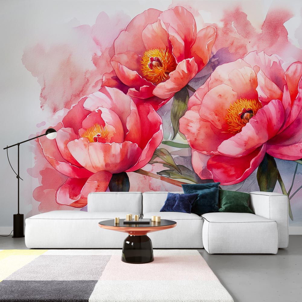 Pink Peony Wallpaper Mural creating a soft, romantic atmosphere in a bright master bedroom with natural light