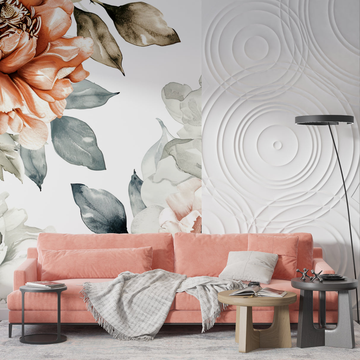 Watercolor Peony Wallpaper creating a stunning focal point in a bright living room with modern furniture