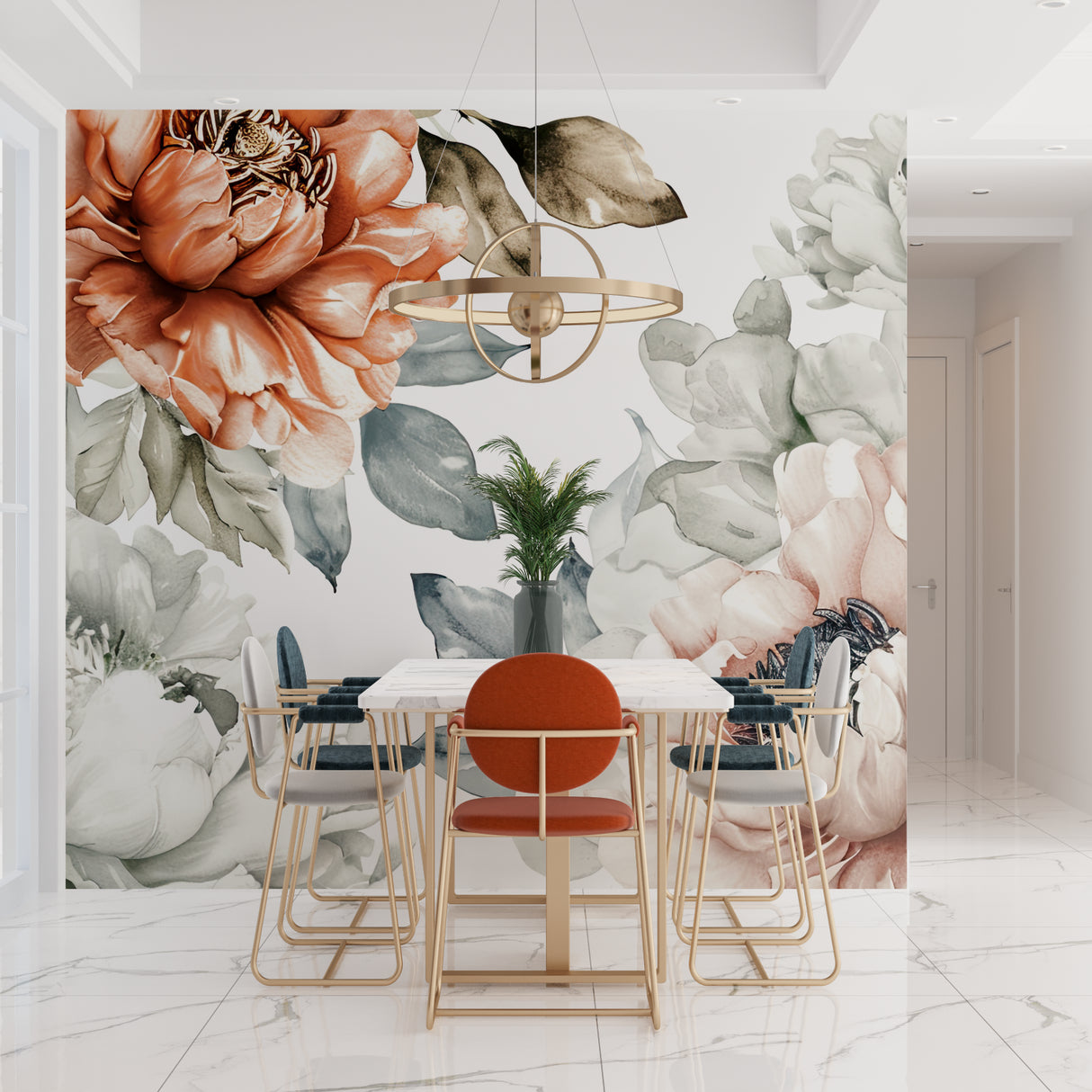 Modern Floral Wallpaper showcased in an elegant dining room with soft natural lighting