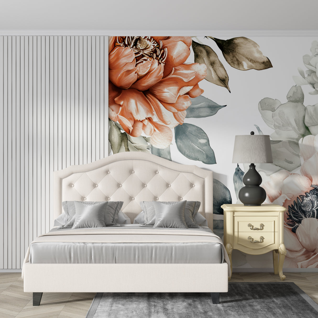 Peony Wall Mural bringing fresh energy to a cozy bedroom space