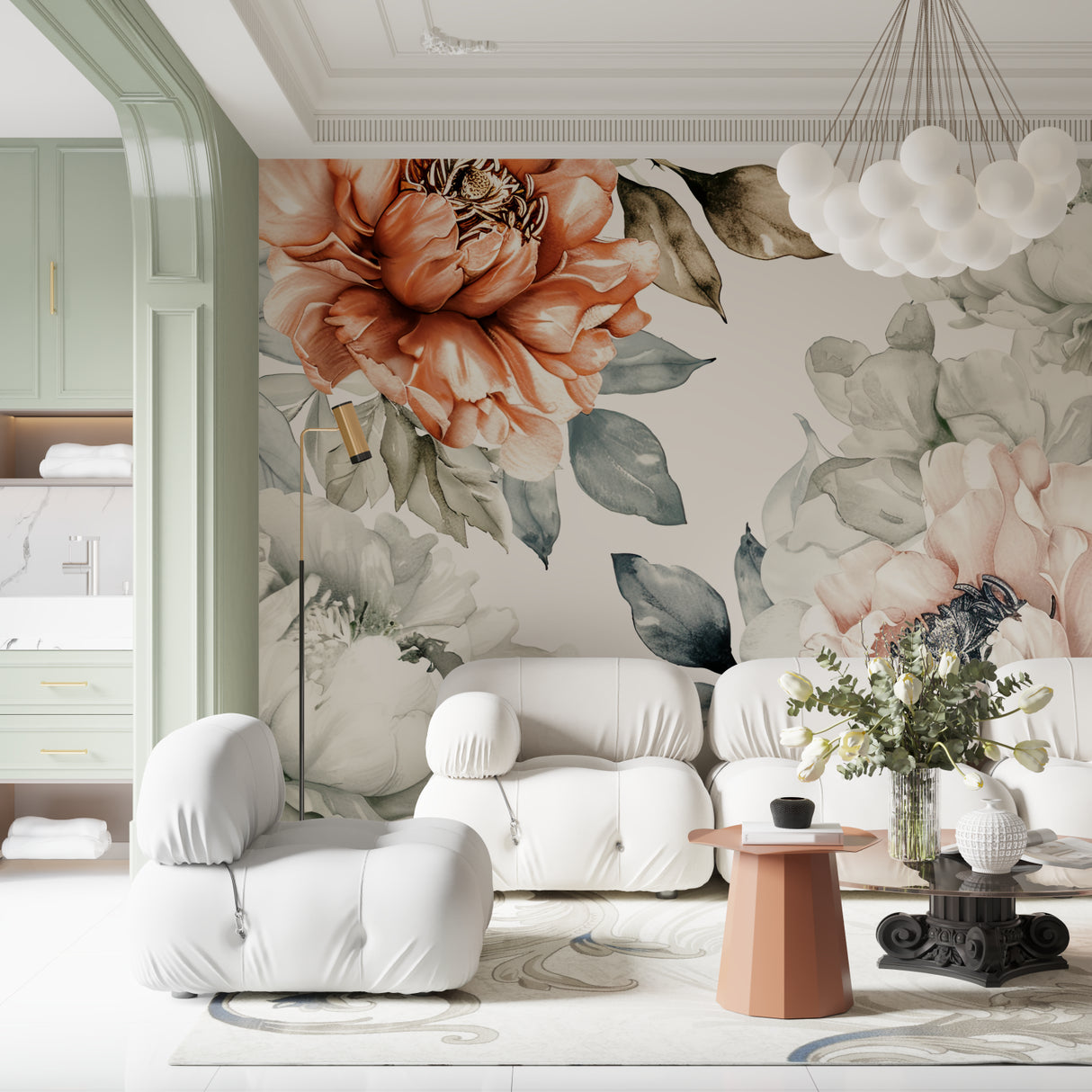 Botanical Wallpaper featured in a home office with minimalist decor