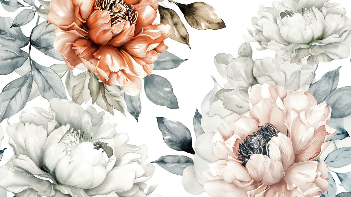 Watercolor Peony with Geometric Pattern design file showing intricate coral blooms and sage leaves