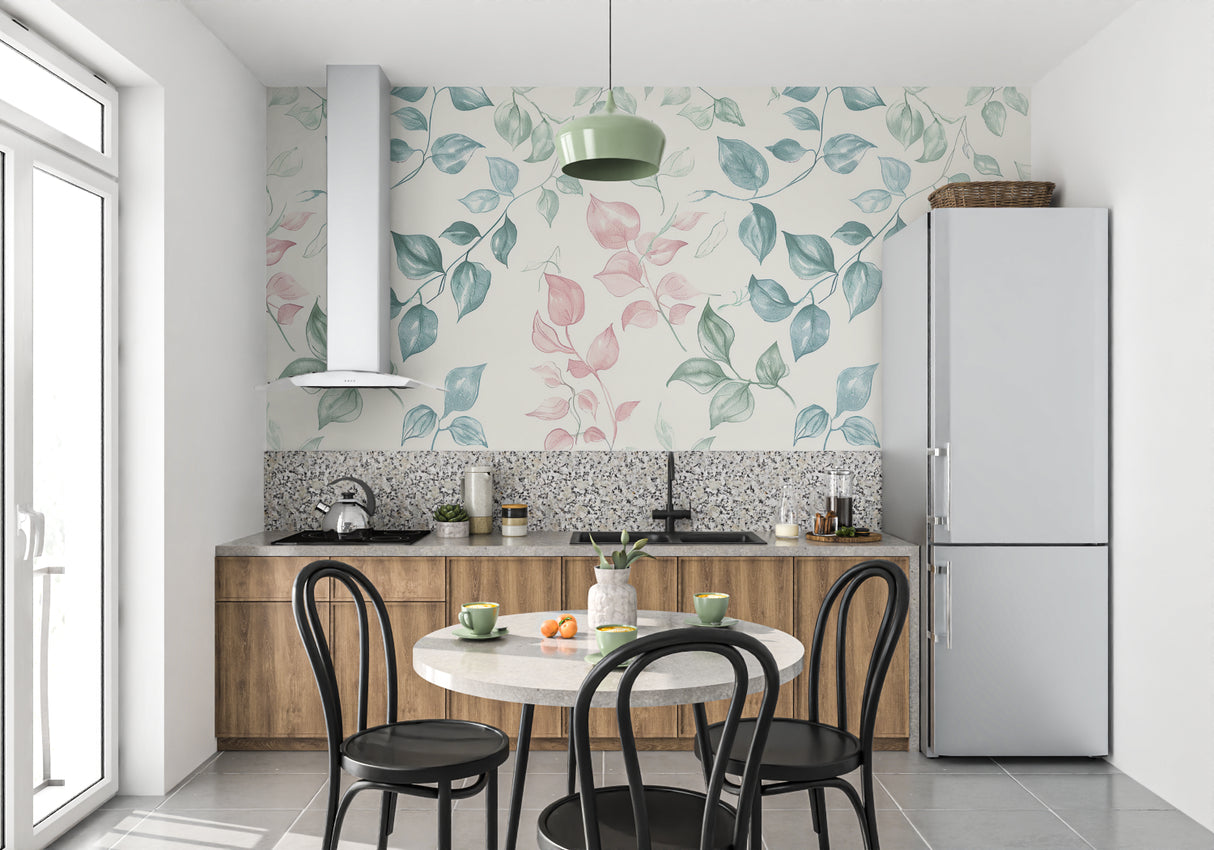 Pink and blue botanical wallpaper mural in cozy bedroom setting with natural light