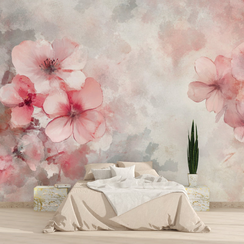 Pink blossom wallpaper making a stunning backdrop in a home office space