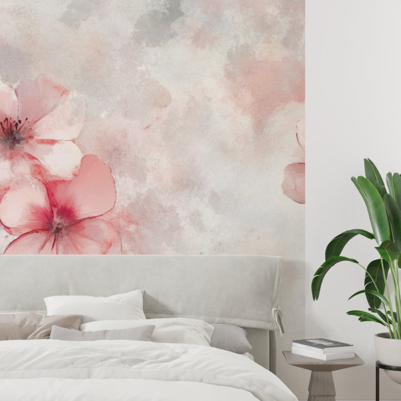 Watercolor flower mural adding feminine charm to a dining room wall
