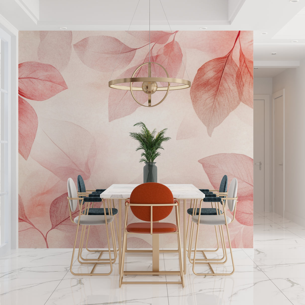 Pink watercolor leaf wallpaper creating a peaceful atmosphere in a modern living room setting