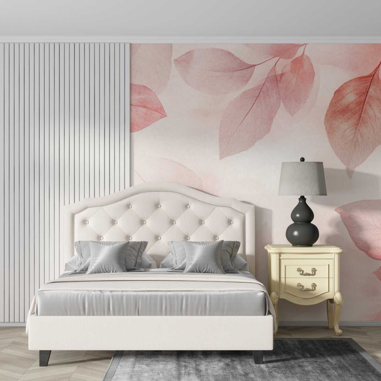 Botanical wall mural with pink leaves brightening up a cozy bedroom space
