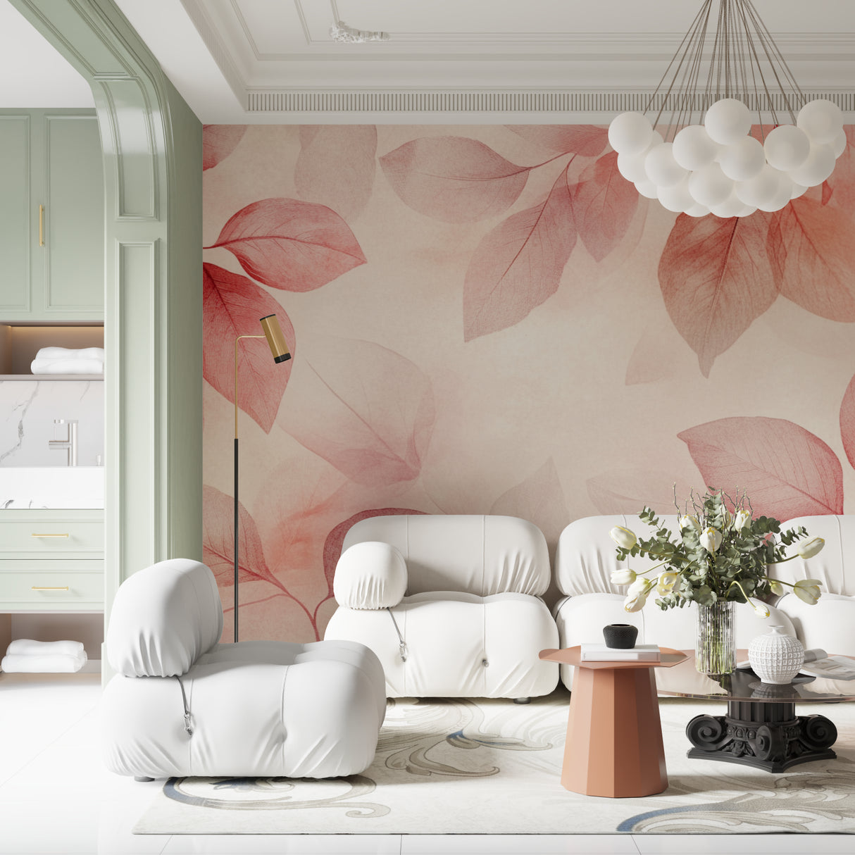 Soft pink leaf wallpaper adding elegance to a dining room accent wall