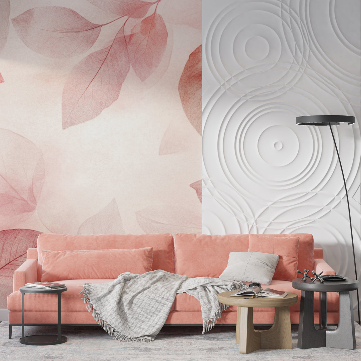 Watercolor floral mural bringing nature indoors in a home office setup