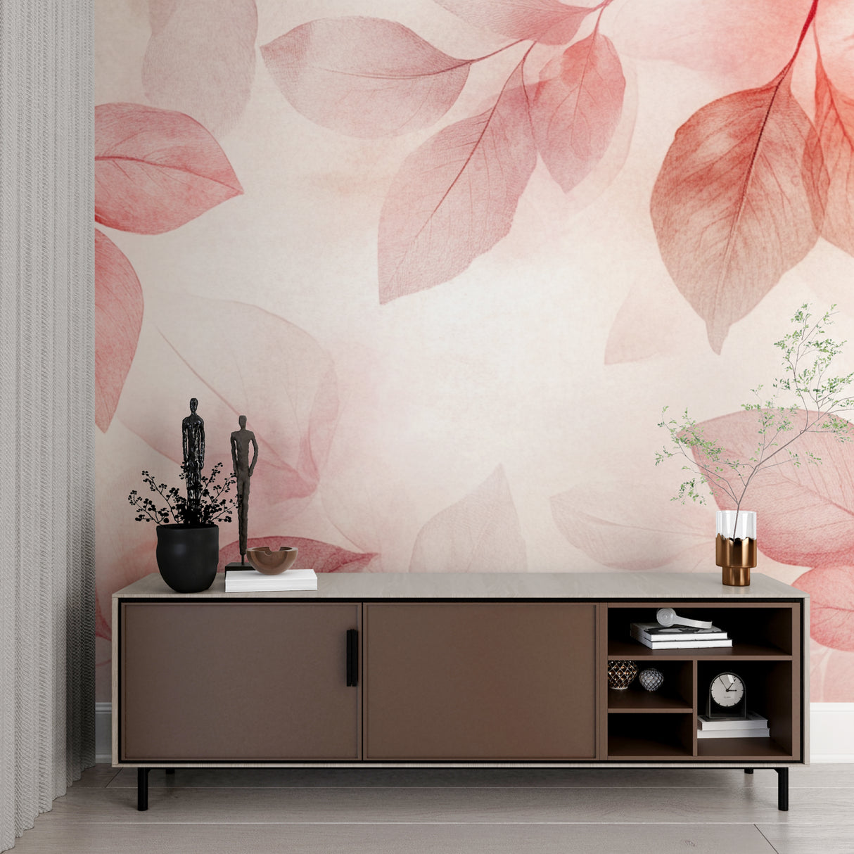 Pink botanical wallpaper creating a calming atmosphere in an entryway