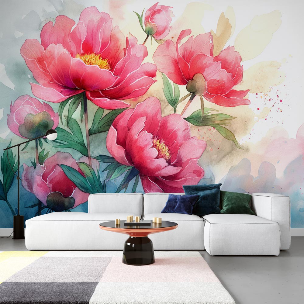 Pink Peony Watercolor Wallpaper styled in a bright master bedroom with white furniture and natural light