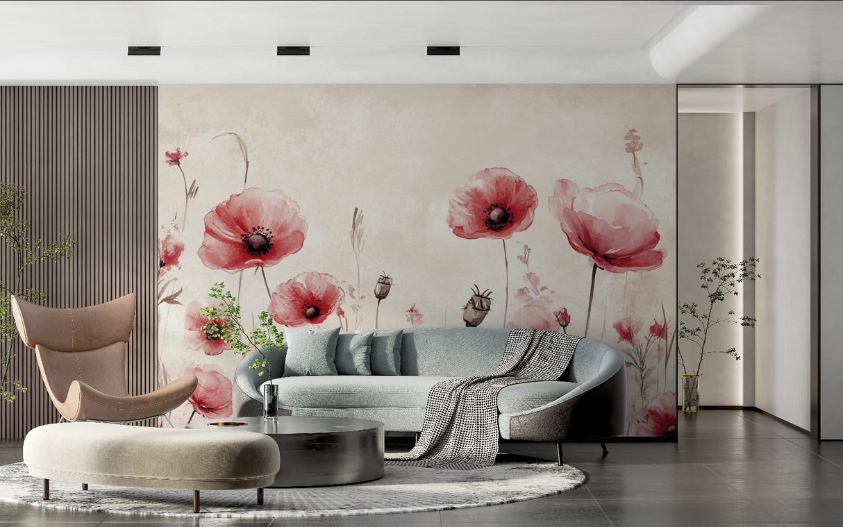 Pink Poppy Wallpaper Mural in bright modern bedroom showing soft watercolor effect