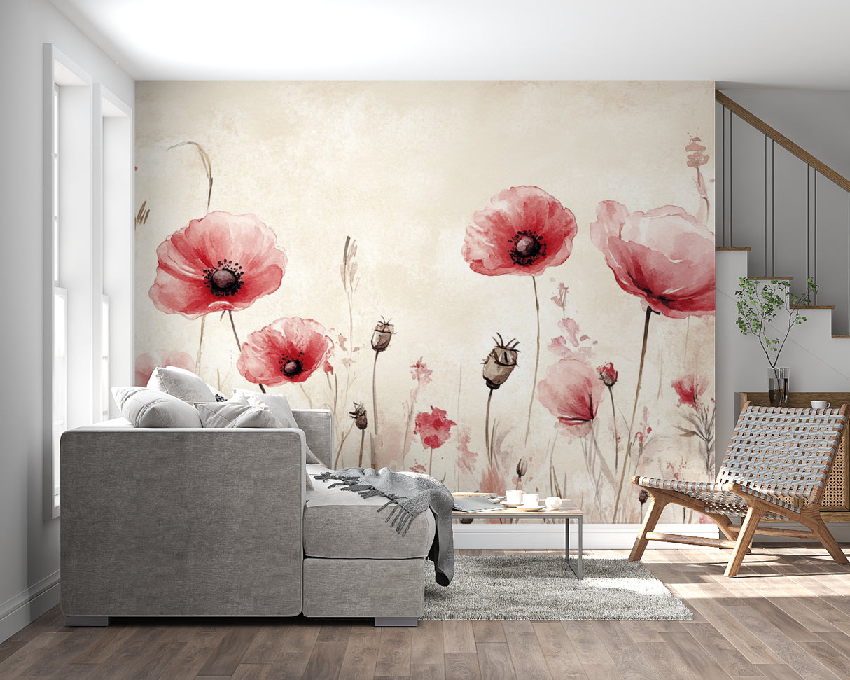 Botanical Wallpaper with pink poppies adding elegance to home office
