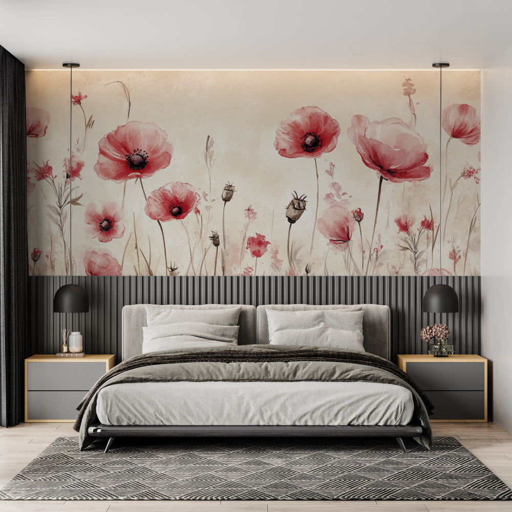 Watercolor Poppy Mural creating peaceful atmosphere in master bedroom