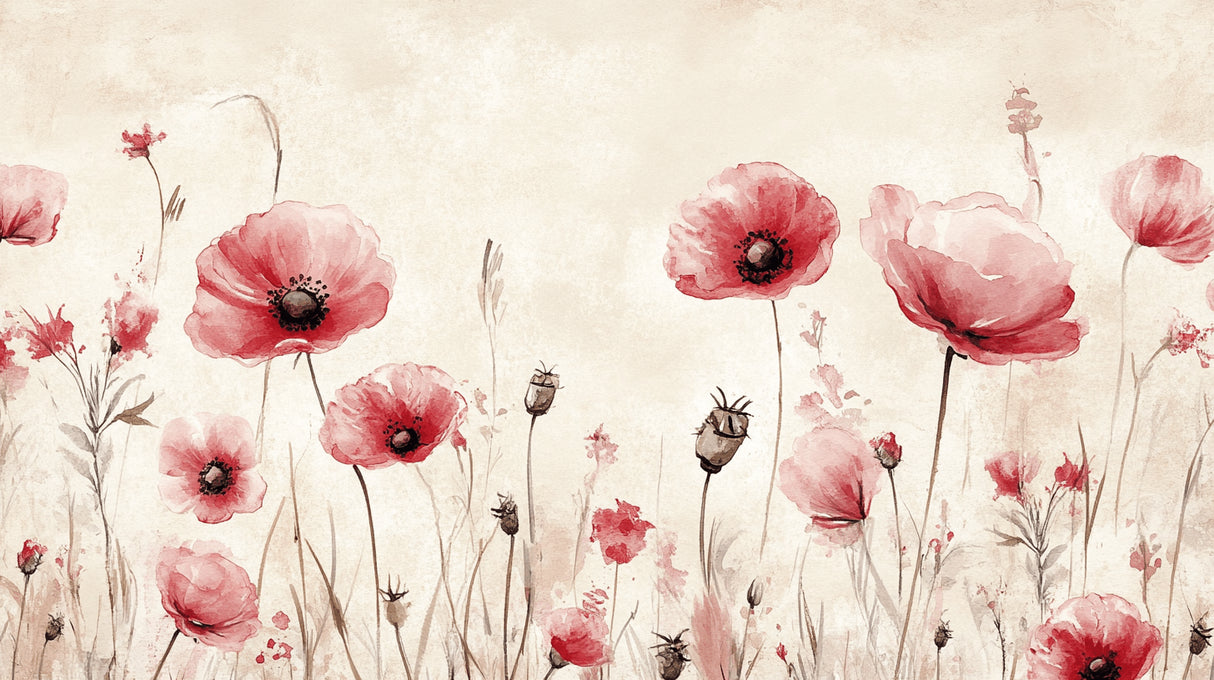 Pink Poppy Wallpaper design file showing detailed watercolor pattern and full mural layout