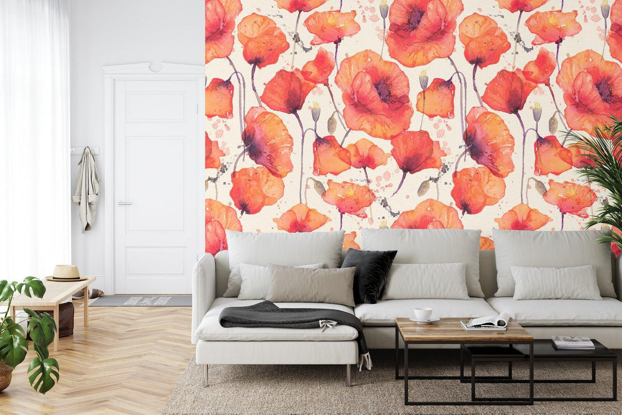 Coral orange poppy wallpaper mural in bright modern living room with white furniture