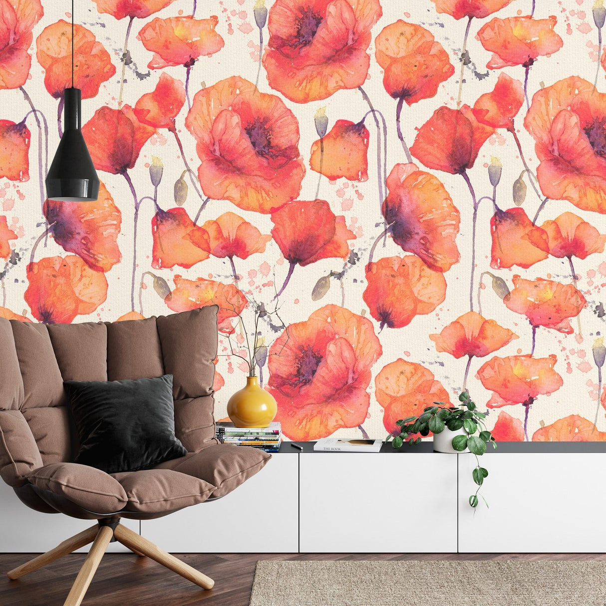 Watercolor floral wall mural featuring orange poppies in cozy bedroom setting