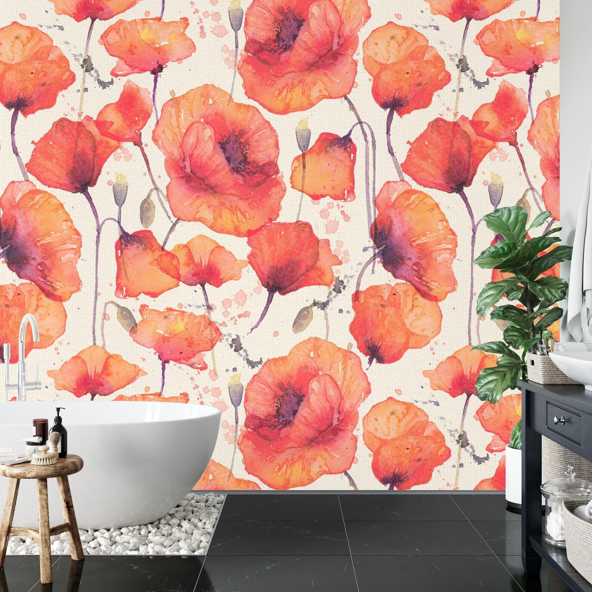 Coral poppy mural wallpaper creating statement wall in dining room
