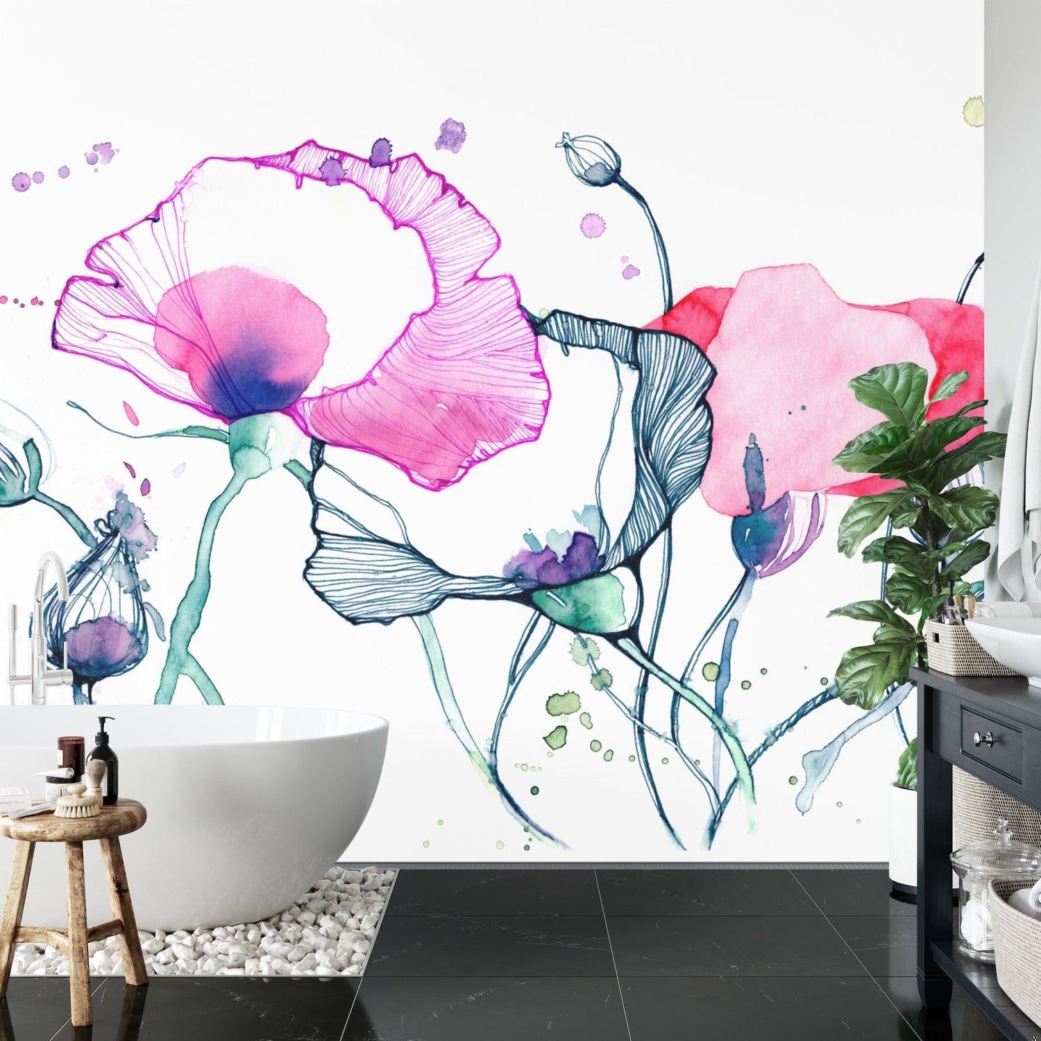 Pink and Blue Poppy Wallpaper bringing color to a bright bedroom with white furniture