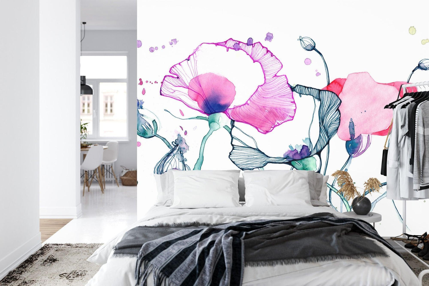 Watercolor Poppy Mural adding artistic flair to a minimal dining room space